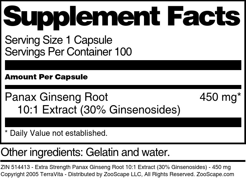 Extra Strength Panax Ginseng Root 10:1 Extract (30% Ginsenosides) - 450 mg - Supplement / Nutrition Facts