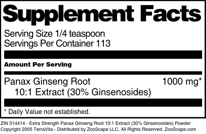 Extra Strength Panax Ginseng Root 10:1 Extract (30% Ginsenosides) Powder - Supplement / Nutrition Facts
