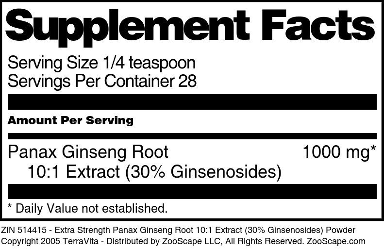 Extra Strength Panax Ginseng Root 10:1 Extract (30% Ginsenosides) Powder - Supplement / Nutrition Facts