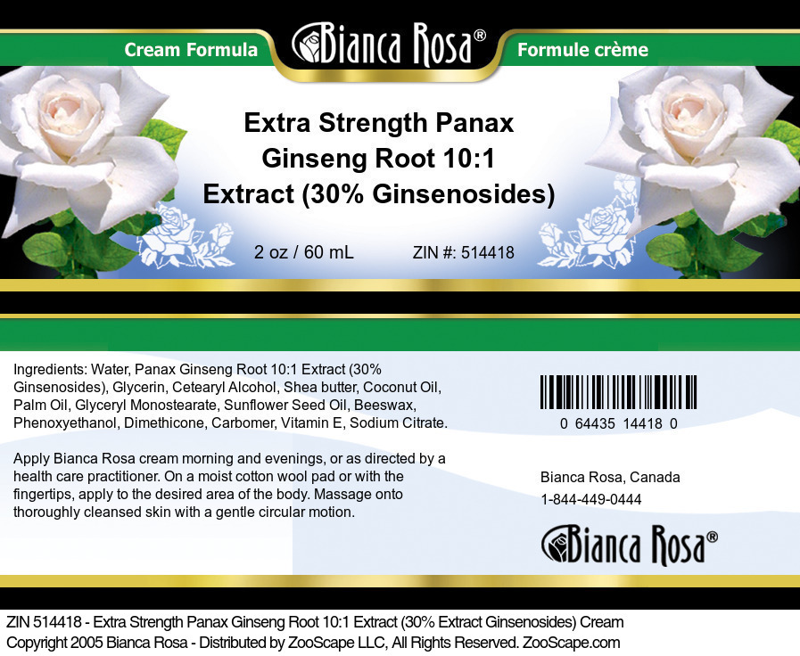 Extra Strength Panax Ginseng Root 10:1 Extract (30% Ginsenosides) Cream - Label