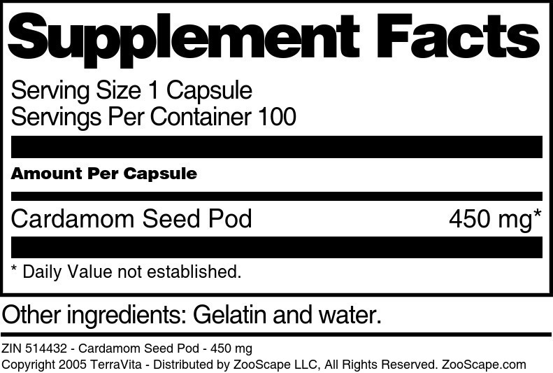 Cardamom Seed Pod - 450 mg - Supplement / Nutrition Facts