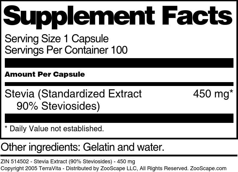 Stevia Extract (90% Steviosides) - 450 mg - Supplement / Nutrition Facts