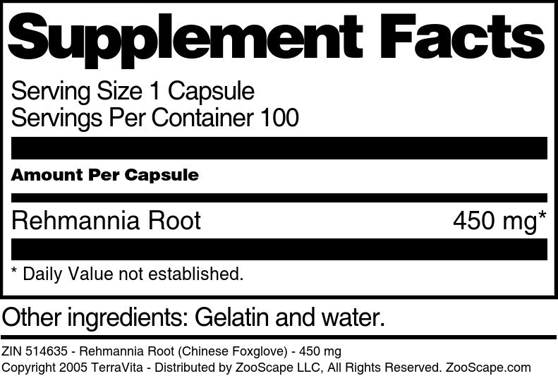 Rehmannia Root (Chinese Foxglove) - 450 mg - Supplement / Nutrition Facts