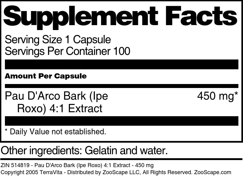 Pau D'Arco Bark (Ipe Roxo) 4:1 Extract - 450 mg - Supplement / Nutrition Facts