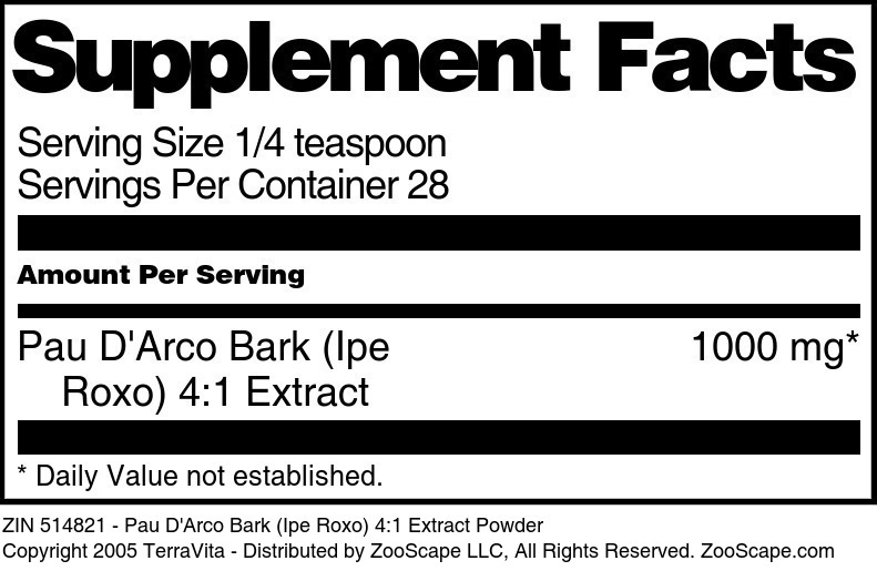 Pau D'Arco Bark (Ipe Roxo) 4:1 Extract Powder - Supplement / Nutrition Facts