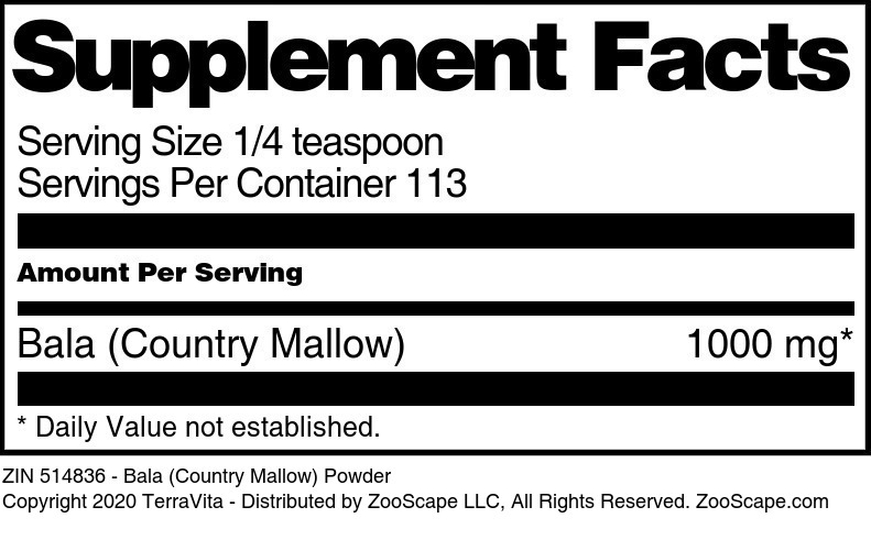 Bala (Country Mallow) Powder - Supplement / Nutrition Facts
