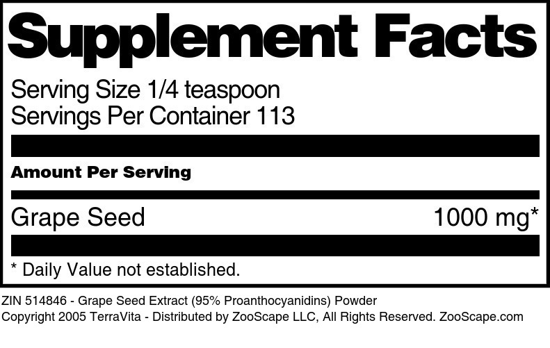 Grape Seed Extract (95% Proanthocyanidins) Powder - Supplement / Nutrition Facts