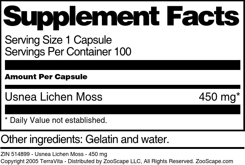 Usnea Lichen Moss - 450 mg - Supplement / Nutrition Facts