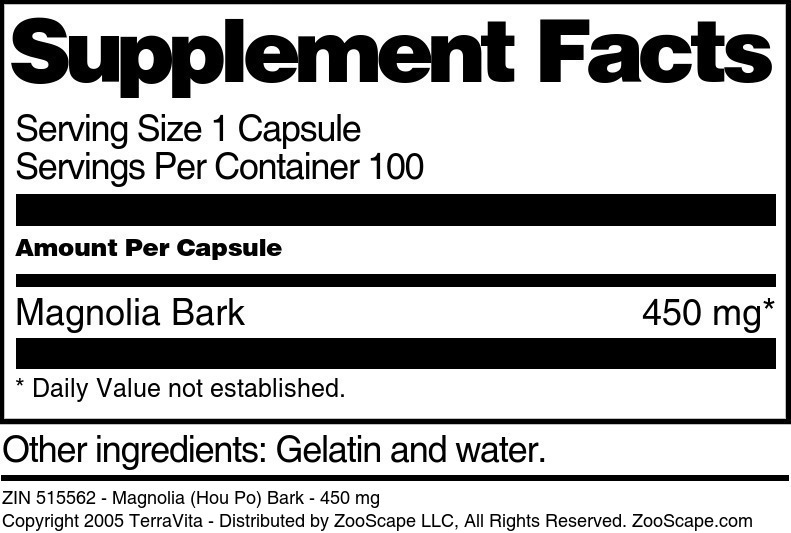 Magnolia (Hou Po) Bark - 450 mg - Supplement / Nutrition Facts