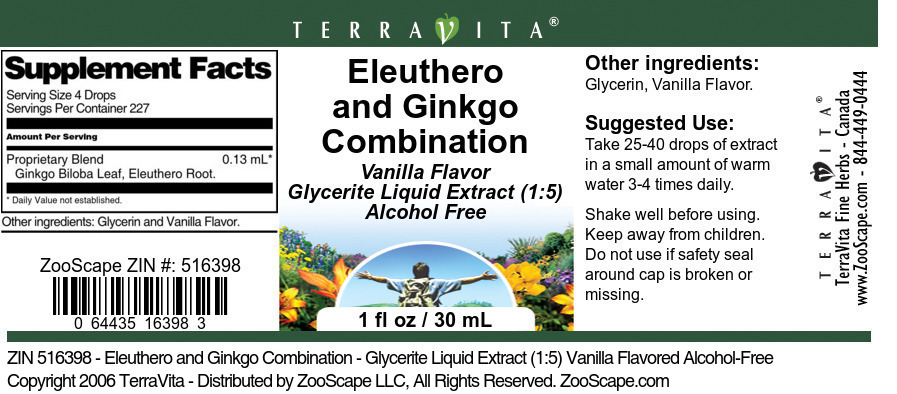 Eleuthero and Ginkgo Combination - Glycerite Liquid Extract (1:5) Vanilla Flavored Alcohol-Free - Label