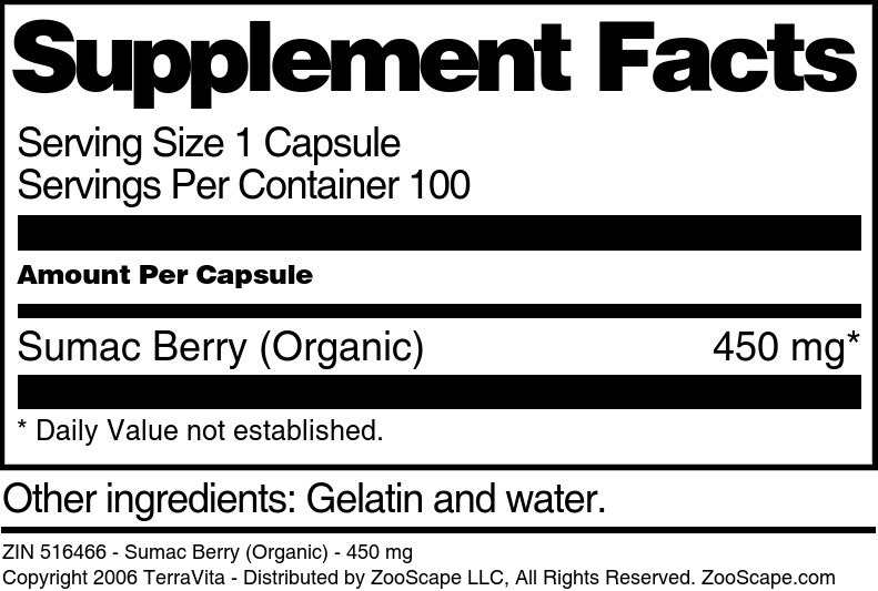 Sumac Berry (Organic) - 450 mg - Supplement / Nutrition Facts