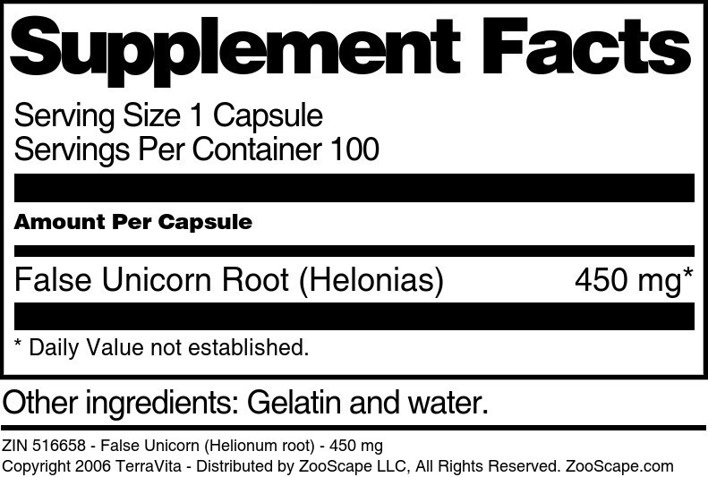 False Unicorn (Helionum root) - 450 mg - Supplement / Nutrition Facts