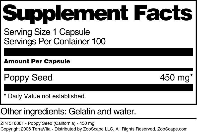 Poppy Seed (California) - 450 mg - Supplement / Nutrition Facts