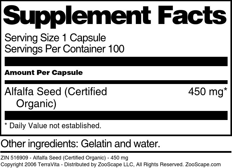 Alfalfa Seed (Certified Organic) - 450 mg - Supplement / Nutrition Facts