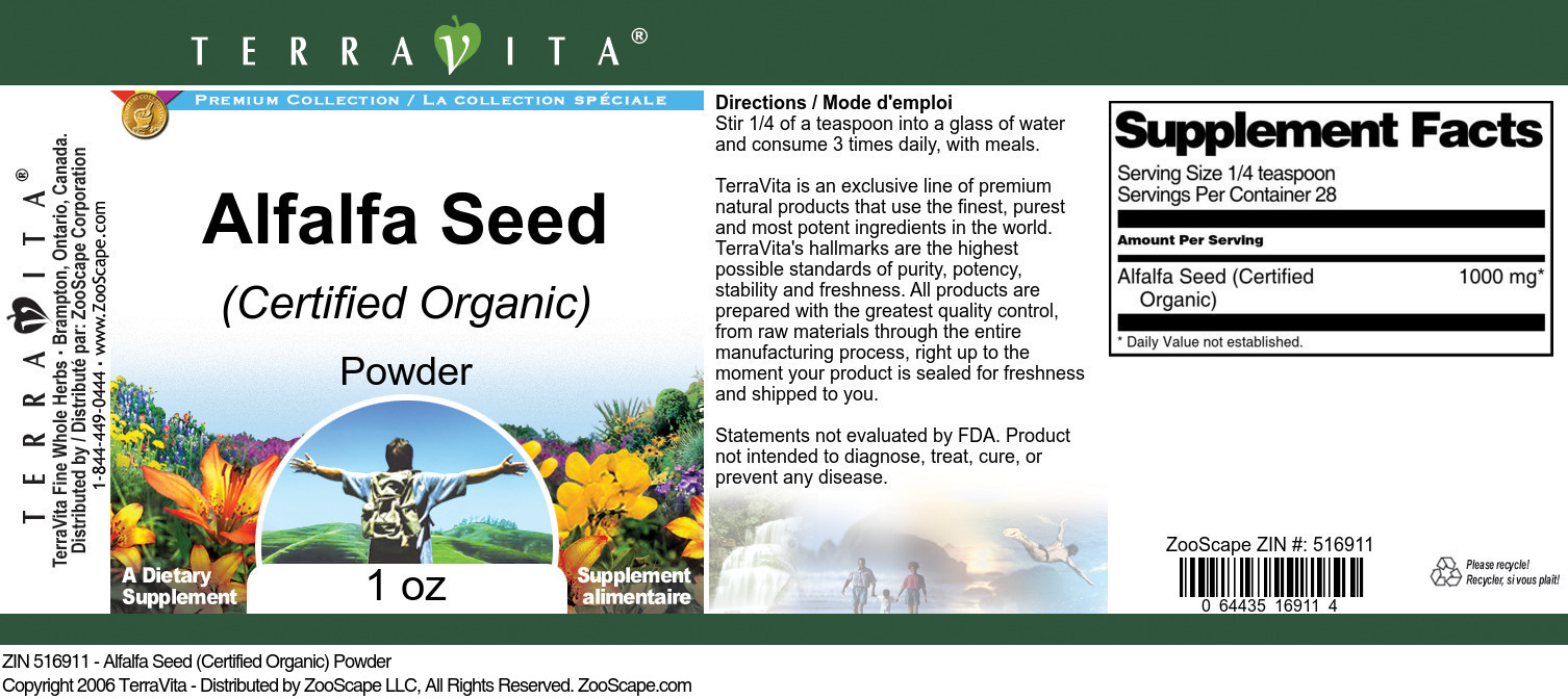 Alfalfa Seed (Certified Organic) Powder - Label
