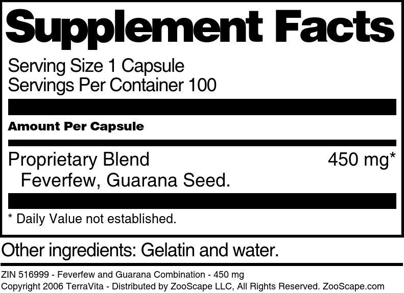 Feverfew and Guarana Combination - 450 mg - Supplement / Nutrition Facts