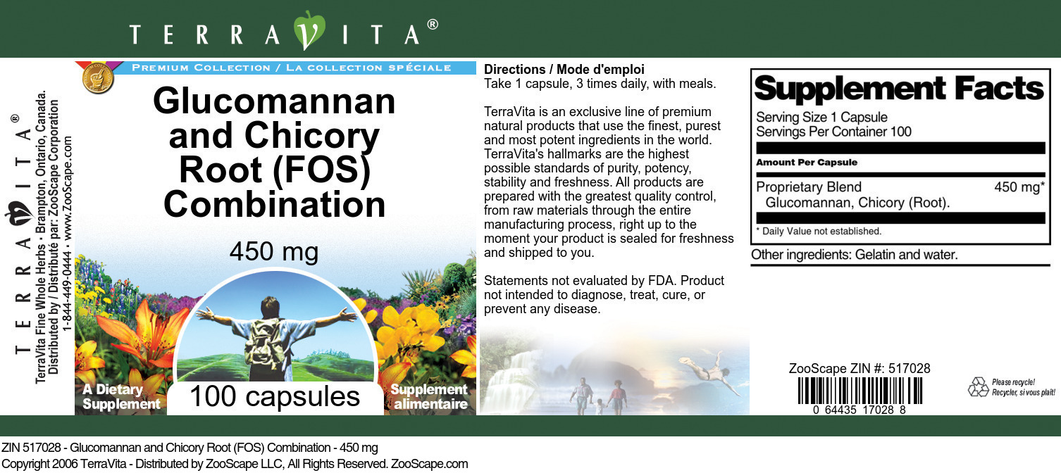 Glucomannan and Chicory Root (FOS) Combination - 450 mg - Label