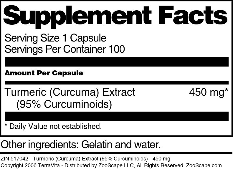 Turmeric (Curcuma) Extract (95% Curcuminoids) - 450 mg - Supplement / Nutrition Facts