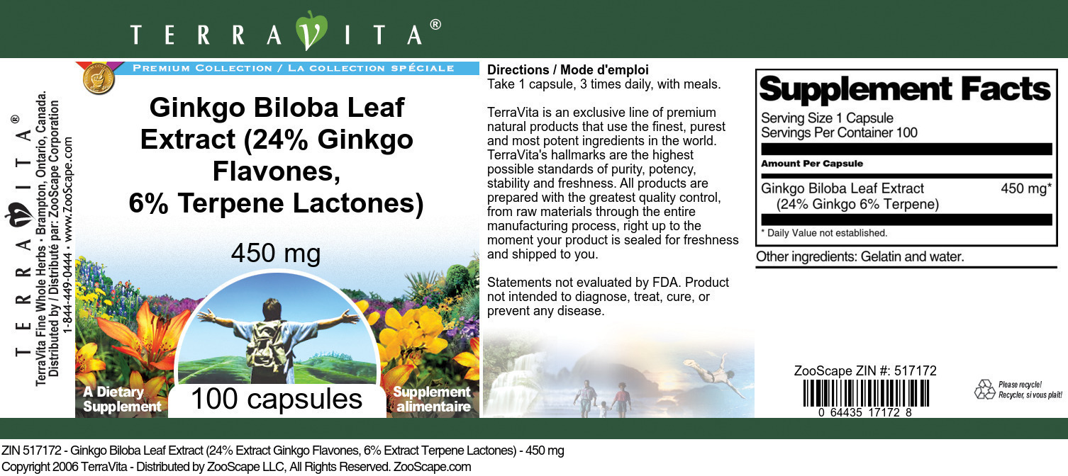 Ginkgo Biloba Leaf Extract (24% Ginkgo Flavones, 6% Terpene Lactones) - 450 mg - Label
