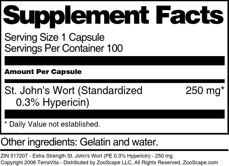 Extra Strength St. John's Wort (PE 0.3% Hypericin) - 250 mg - Supplement / Nutrition Facts