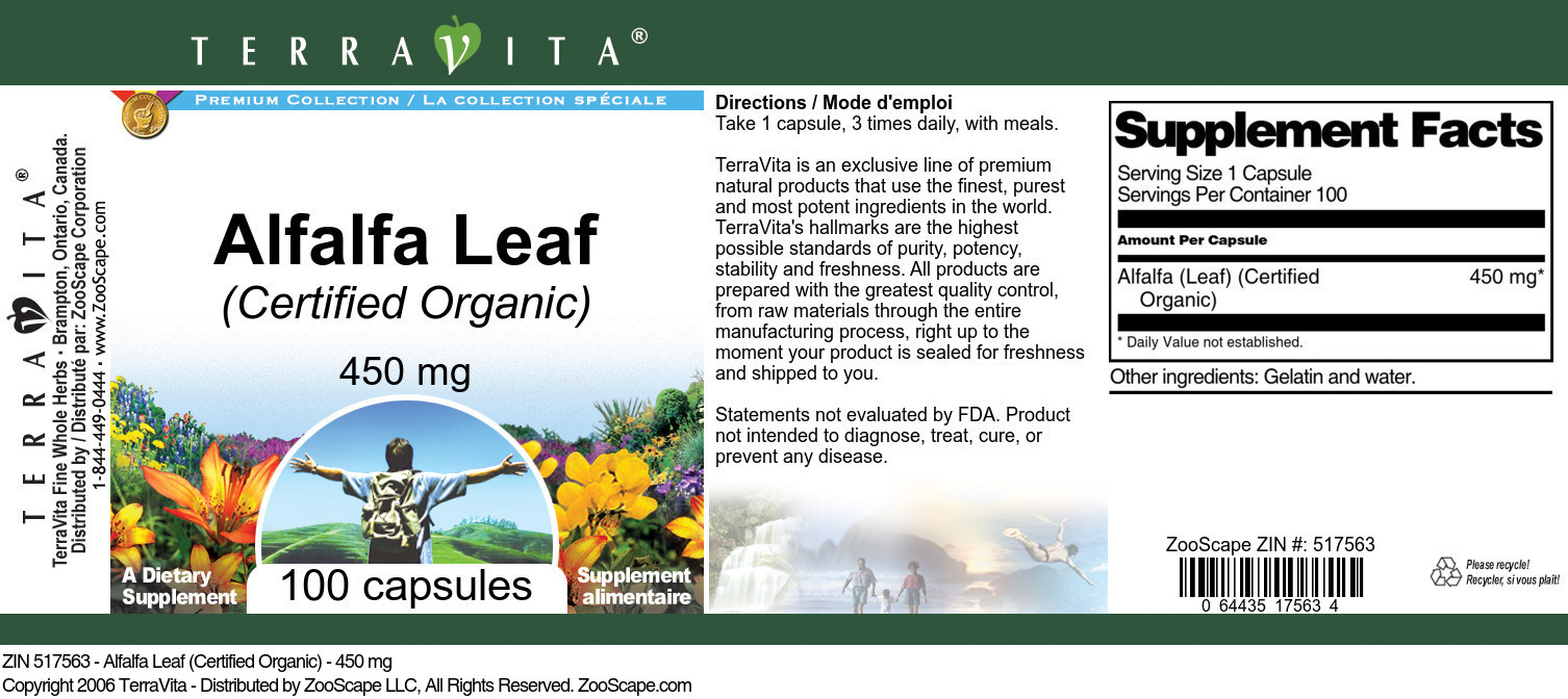 Alfalfa Leaf (Certified Organic) - 450 mg - Label