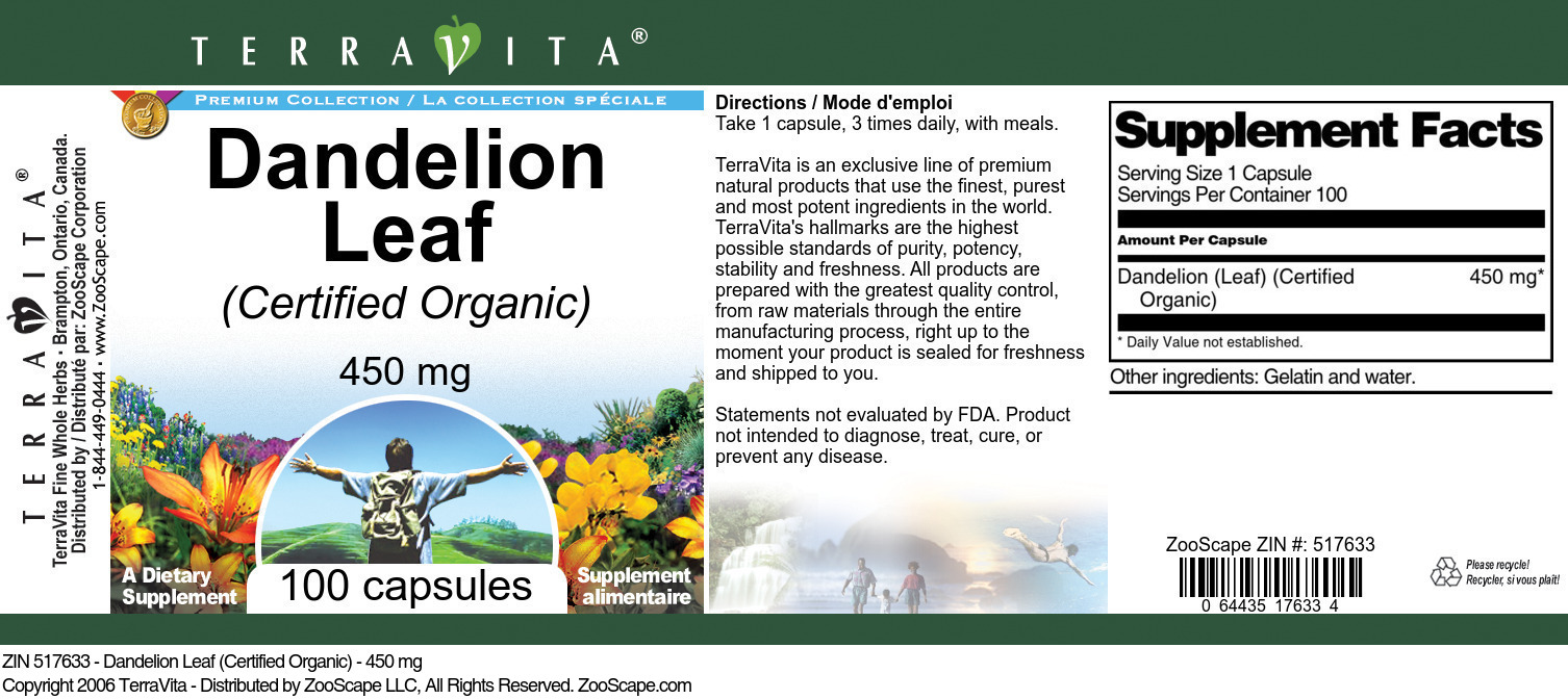 Dandelion Leaf (Certified Organic) - 450 mg - Label