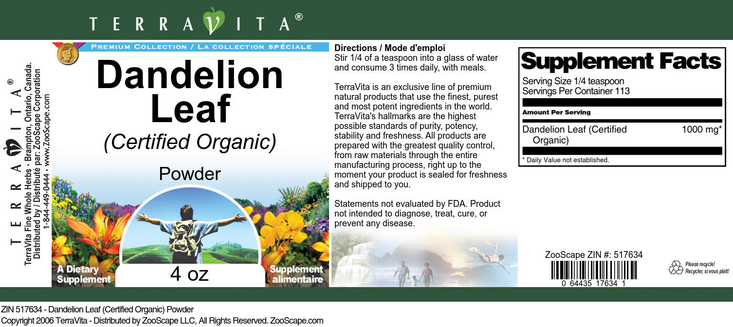 Dandelion Leaf (Certified Organic) Powder - Label