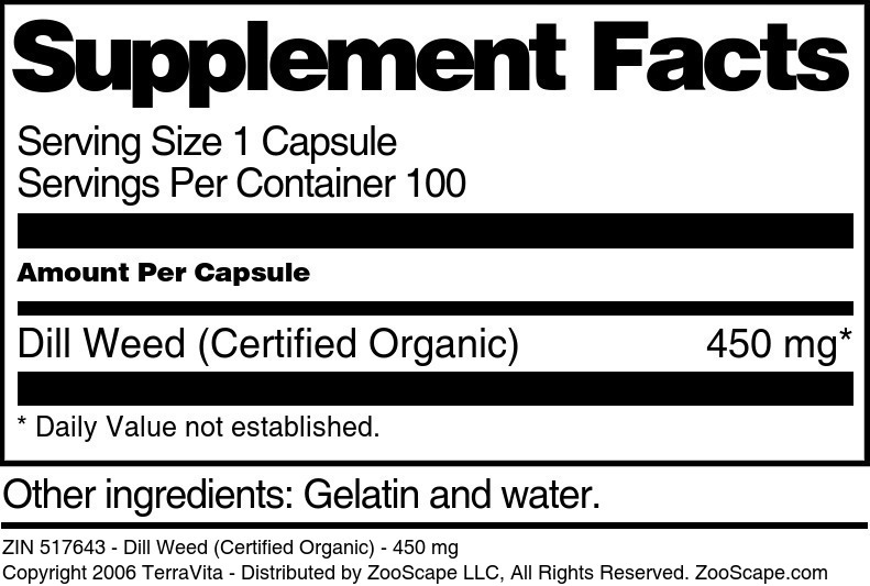 Dill Weed (Certified Organic) - 450 mg - Supplement / Nutrition Facts