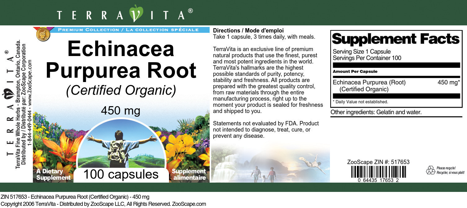 Echinacea Purpurea Root (Certified Organic) - 450 mg - Label