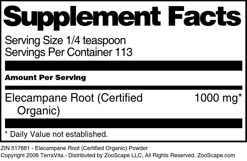 Elecampane Root (Certified Organic) Powder - Supplement / Nutrition Facts