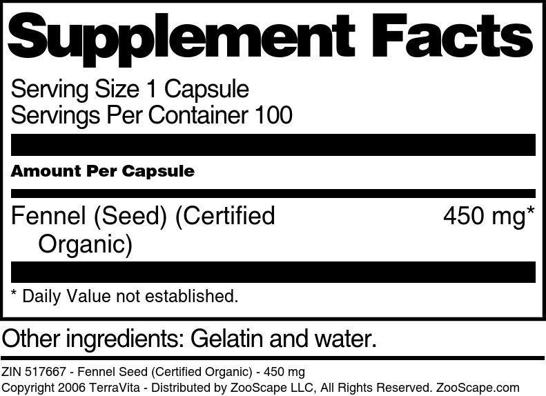Fennel Seed (Certified Organic) - 450 mg - Supplement / Nutrition Facts