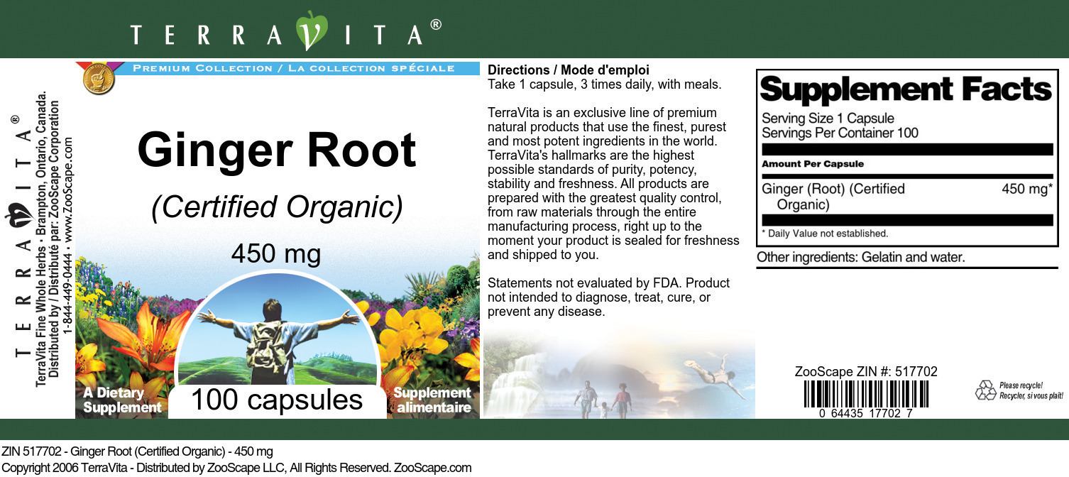 Ginger Root (Certified Organic) - 450 mg - Label