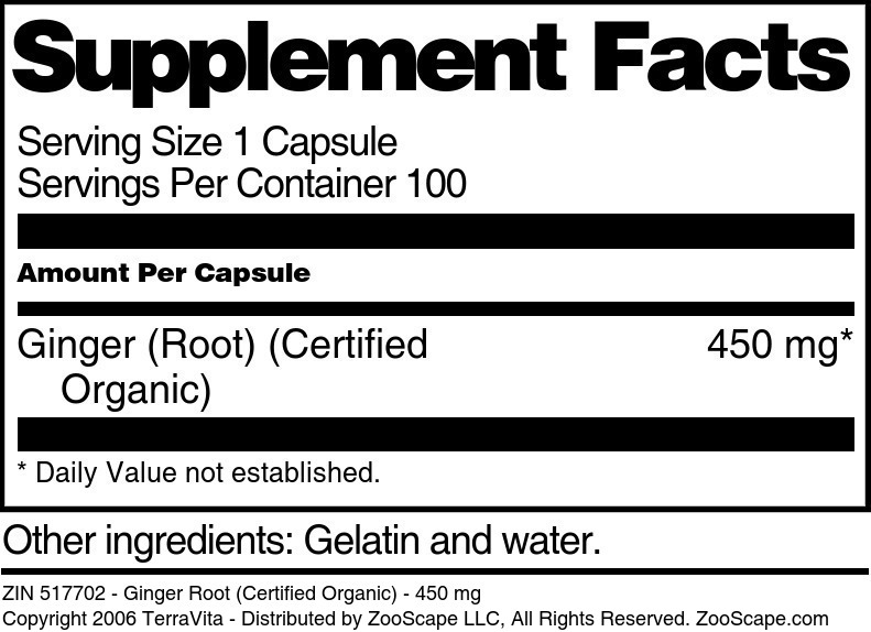 Ginger Root (Certified Organic) - 450 mg - Supplement / Nutrition Facts