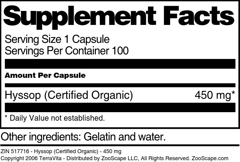 Hyssop (Certified Organic) - 450 mg - Supplement / Nutrition Facts