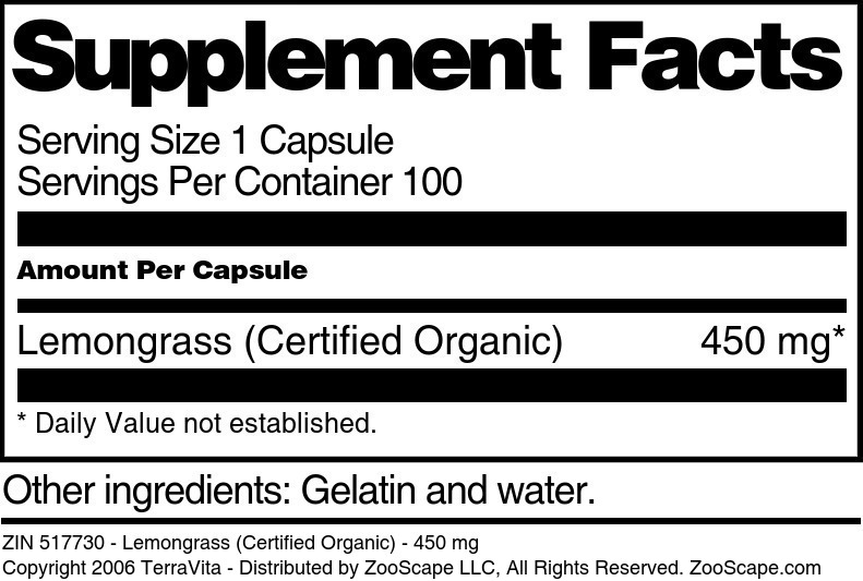 Lemongrass (Certified Organic) - 450 mg - Supplement / Nutrition Facts