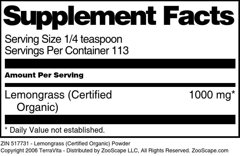 Lemongrass (Certified Organic) Powder - Supplement / Nutrition Facts