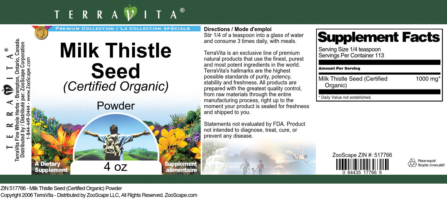 Milk Thistle Seed (Certified Organic) Powder - Label