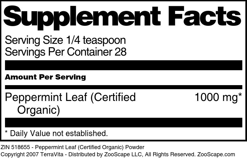 Peppermint Leaf (Certified Organic) Powder - Supplement / Nutrition Facts
