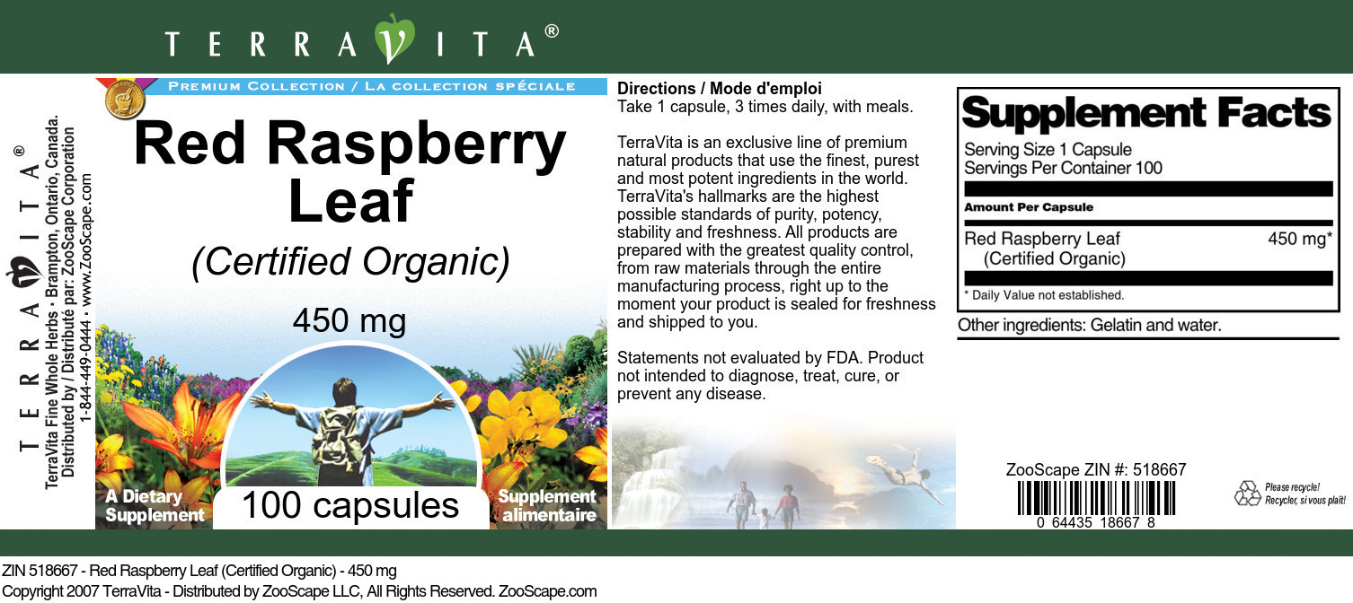 Red Raspberry Leaf (Certified Organic) - 450 mg - Label