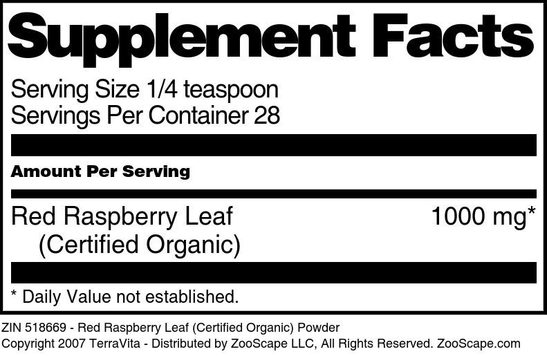 Red Raspberry Leaf (Certified Organic) Powder - Supplement / Nutrition Facts