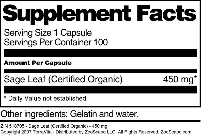 Sage Leaf (Certified Organic) - 450 mg - Supplement / Nutrition Facts