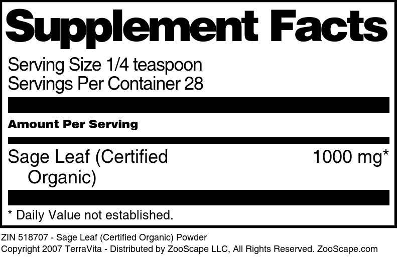 Sage Leaf (Certified Organic) Powder - Supplement / Nutrition Facts