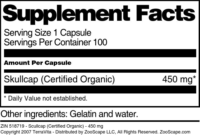 Scullcap (Certified Organic) - 450 mg - Supplement / Nutrition Facts