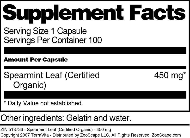 Spearmint Leaf (Certified Organic) - 450 mg - Supplement / Nutrition Facts