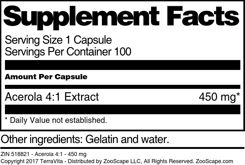 Acerola 4:1 - 450 mg - Supplement / Nutrition Facts