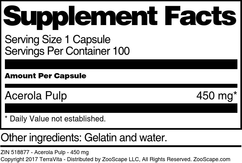 Acerola Pulp - 450 mg - Supplement / Nutrition Facts