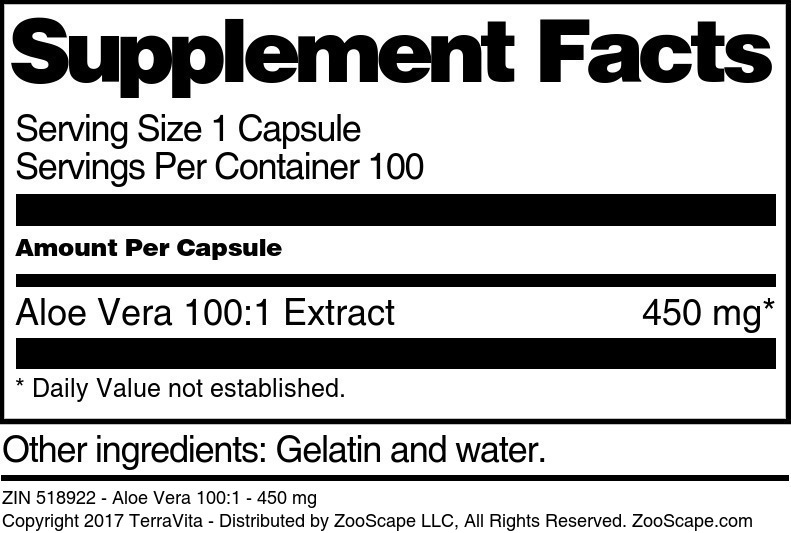 Aloe Vera 100:1 - 450 mg - Supplement / Nutrition Facts