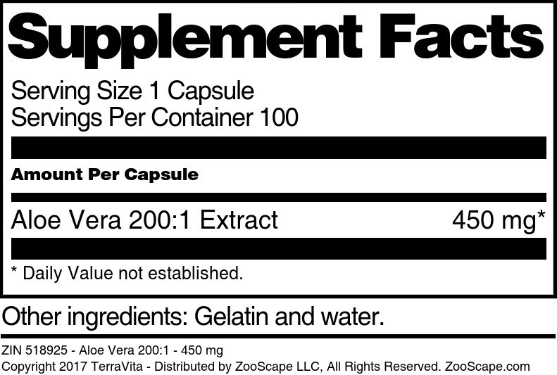 Aloe Vera 200:1 - 450 mg - Supplement / Nutrition Facts