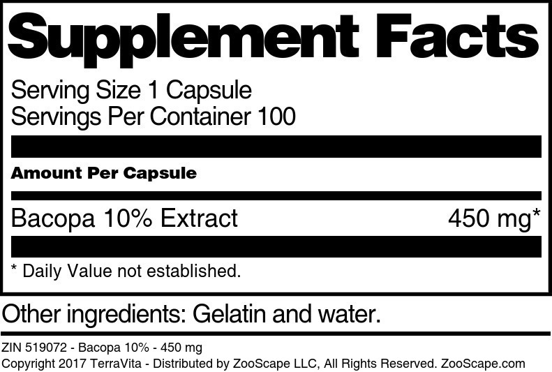 Bacopa 10% - 450 mg - Supplement / Nutrition Facts