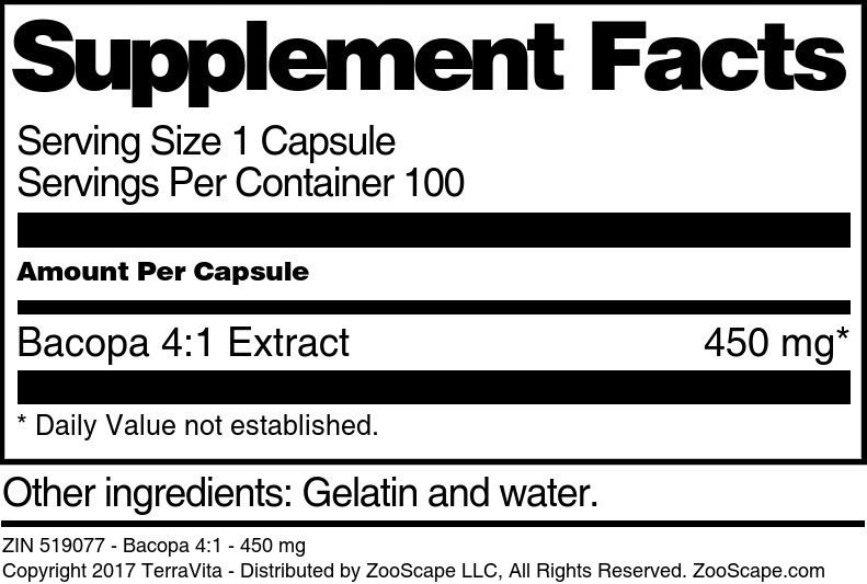 Bacopa 4:1 - 450 mg - Supplement / Nutrition Facts
